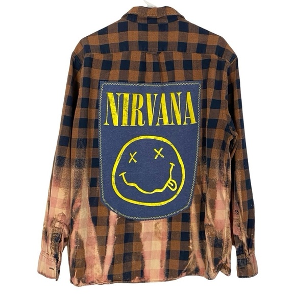 Handmade Other - Nirvana Band Flannel Shirt Mens Unisex XL Shacket Buffalo Plaid Upcycled Brown